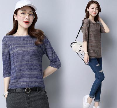 【夏季短款鏤空薄款針織衫女套頭大碼寬松空調(diào)衫中袖T恤上衣蝙蝠衫】價(jià)格_廠家_圖片 -