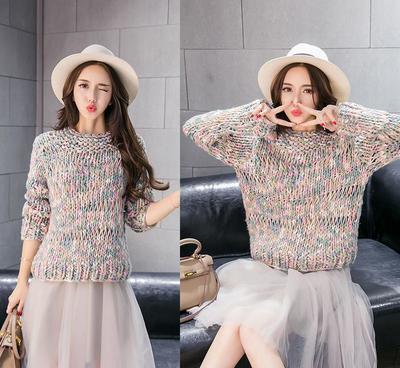 艾美妮2016明星同款羊絨針織衫寬松大版圓領(lǐng)花色粗線毛衣外套