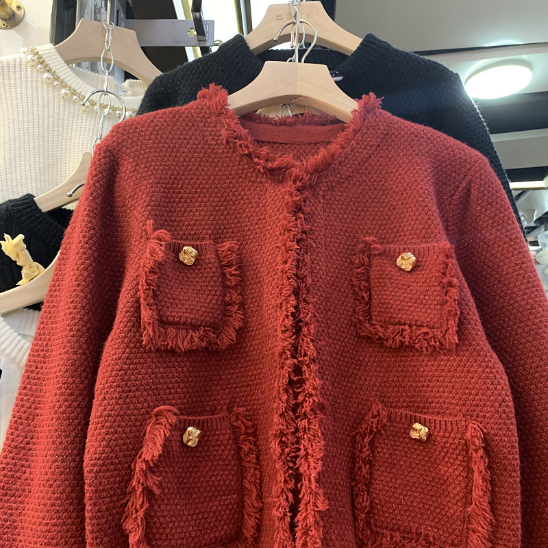2023氣質名媛法式小香風口袋流蘇圓領針織小衫，撞色復古紐扣外套女裝