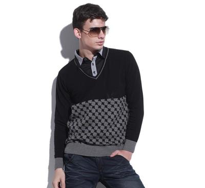 2014秋季新款襯衫領撞色薄款男針織衫 MS013-1 黑色款，時尚與舒適的完美結合